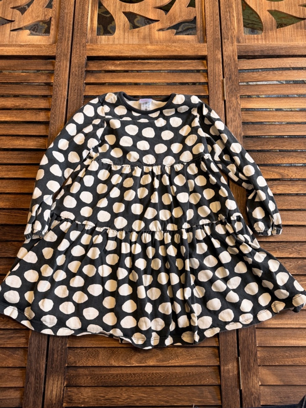 Hanna Andersson Black Tiered Long Sleeve Dress Cream Polka Dots Girls 5 110 cm